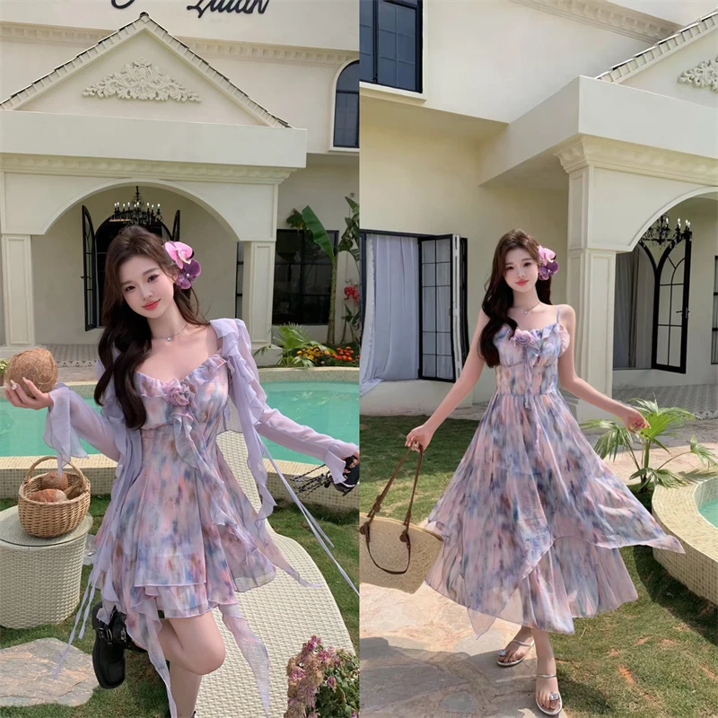 大码氛围感甜美油画碎花雪纺长短款吊带裙+防晒开衫二件套2526
