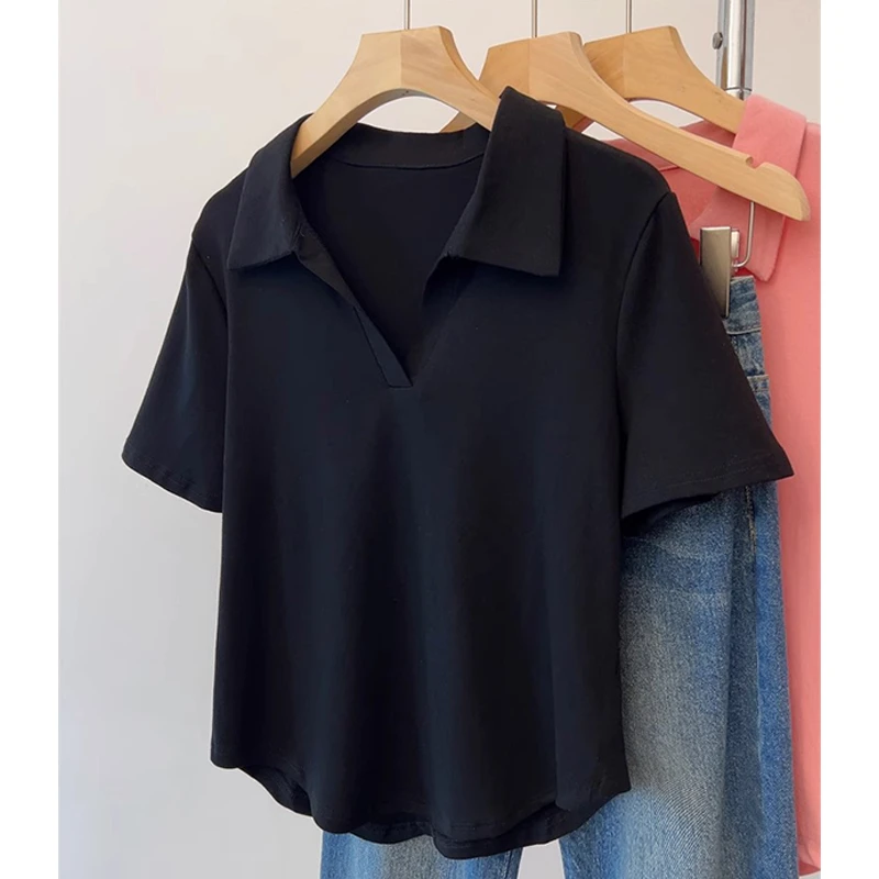 特大码200斤韩版时尚弧形下摆遮肚v领polo衫女夏季气质短袖t恤ins