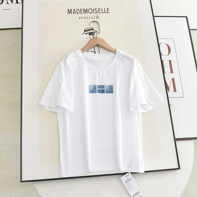 麦系の2025夏设计感小众拼接圆领印花简约百搭宽松短袖T恤上衣女