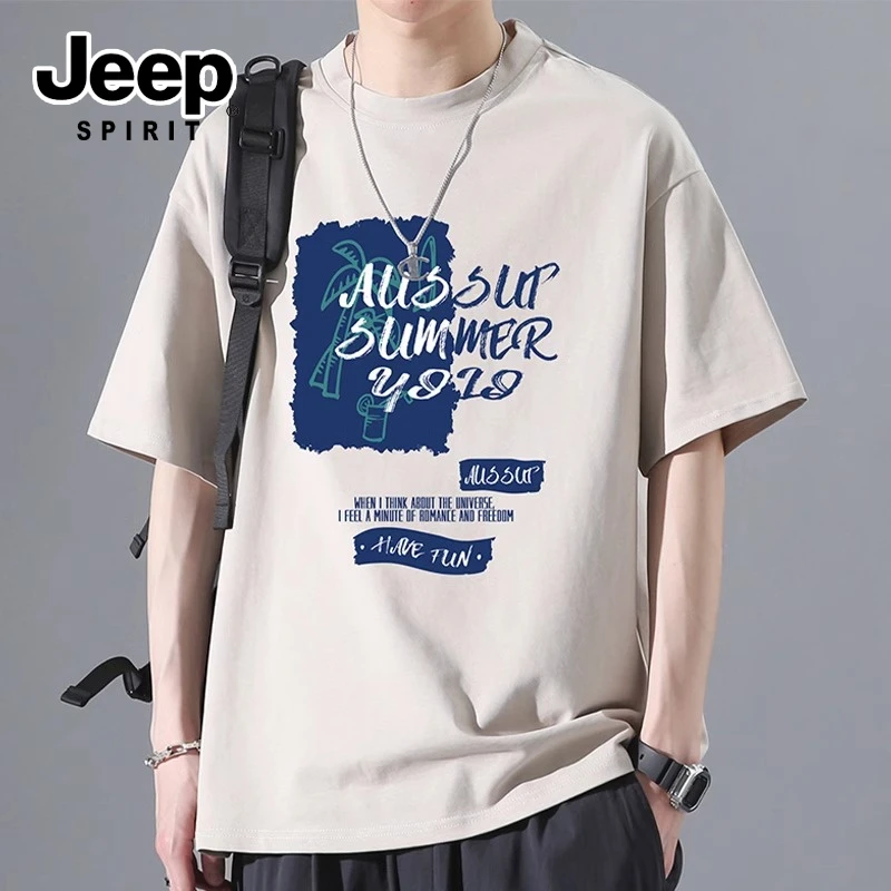 吉普高级感纯棉短袖t恤男夏季新款印花半截袖衣服设计感透气上衣