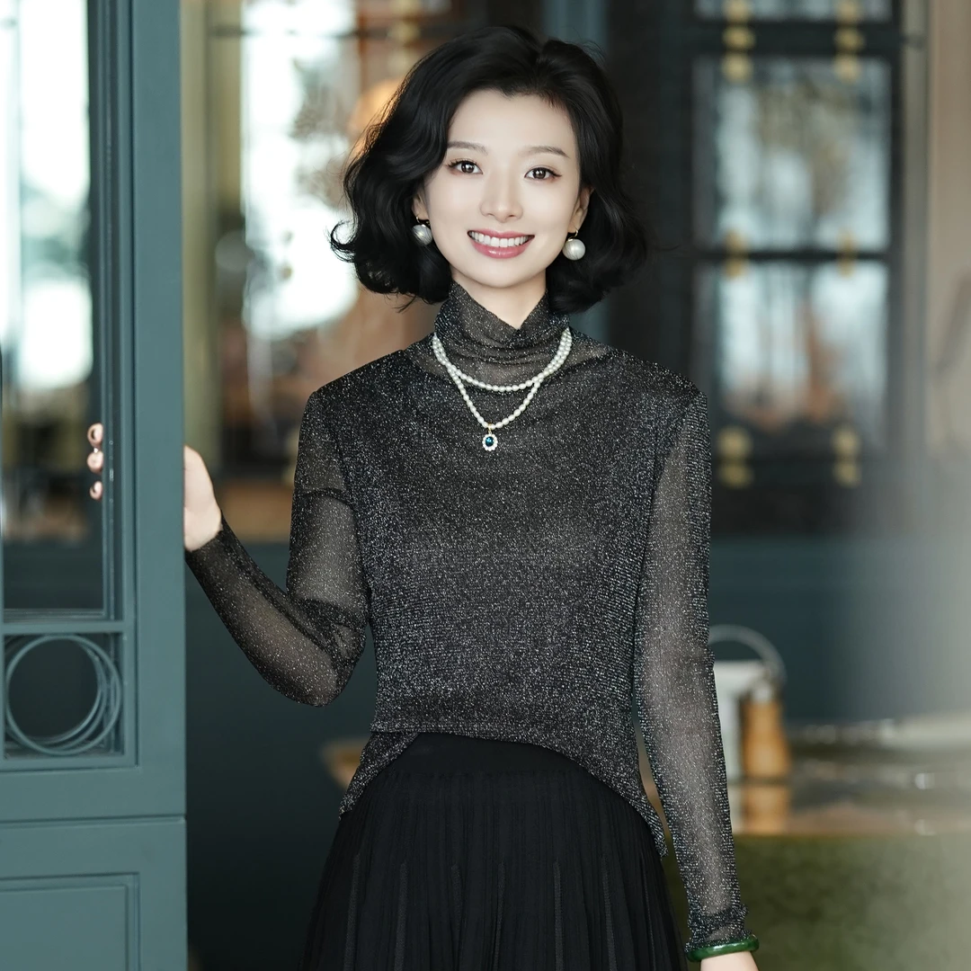 西子/【星夜】银丝纱高领高弹网纱打底小衫打底/CSHC070