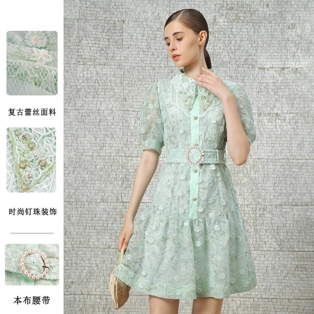 【高级感优雅小洋裙】JETEZO蕾丝刺绣钉珠腰带收腰连衣裙BC1EE162E1