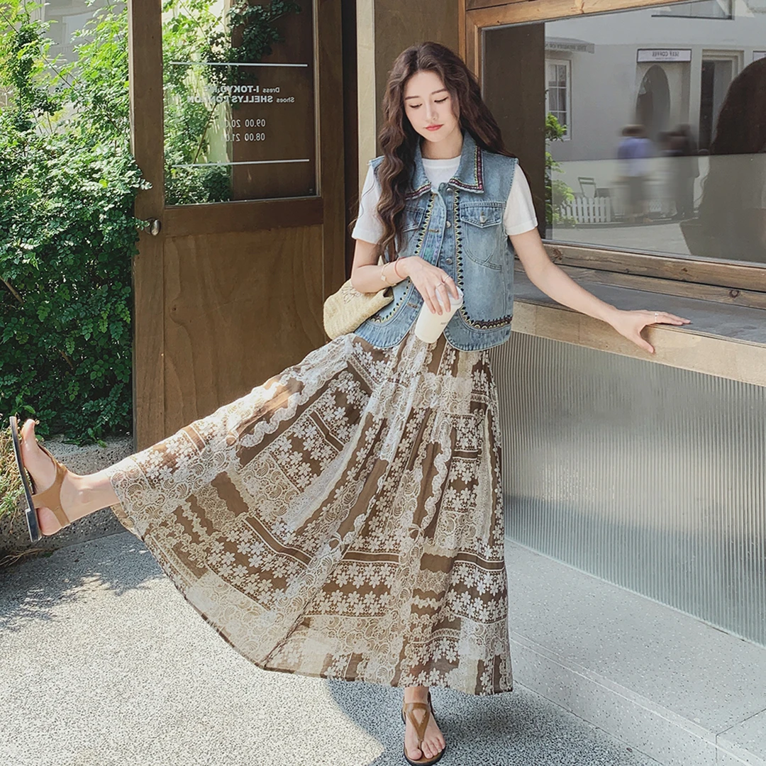 ins风韩系牛仔马甲T恤印花半身裙松弛感复古套装裙女2025夏季新款
