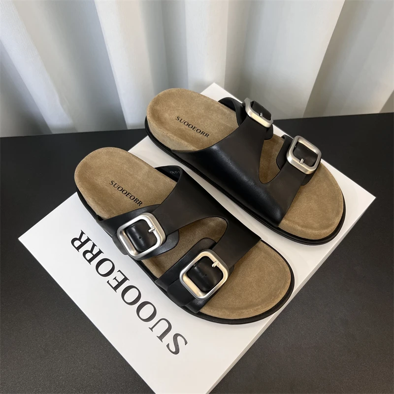 欧货索尔真皮女鞋2025夏款时尚百搭平底露趾皮带扣轻便休闲凉拖鞋