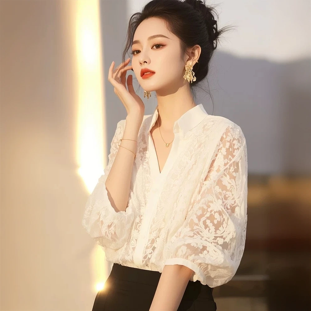 纯欲风蕾丝衬衫女春夏季2025新款时尚复古洋气质衬衣宽松显瘦上衣