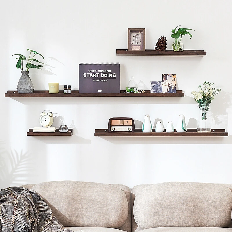 创意实木隔板墙上置物架客厅电视背景墙装饰墙面一字鱼缸架储物柜