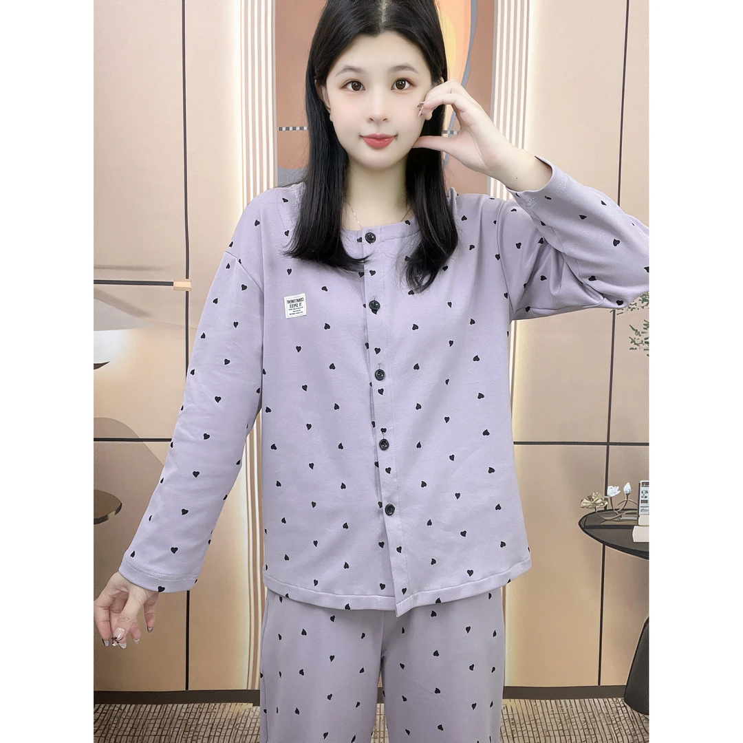 睡衣纯棉秋冬开衫长袖长裤带胸垫圆领休闲舒适女士家居服套装