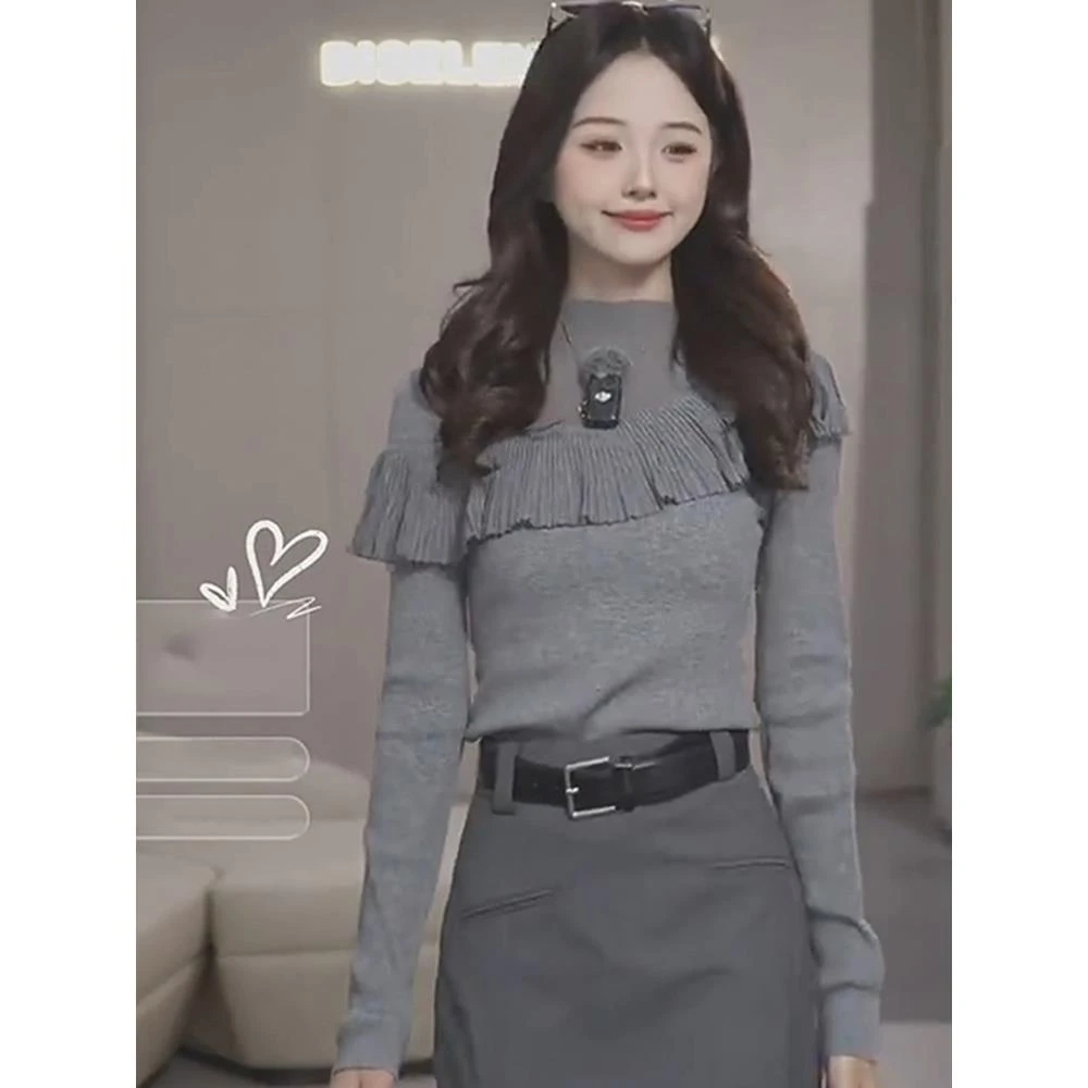 2025秋季新款法式半高领拼接网纱长袖针织衫女荷叶边修身显瘦上衣