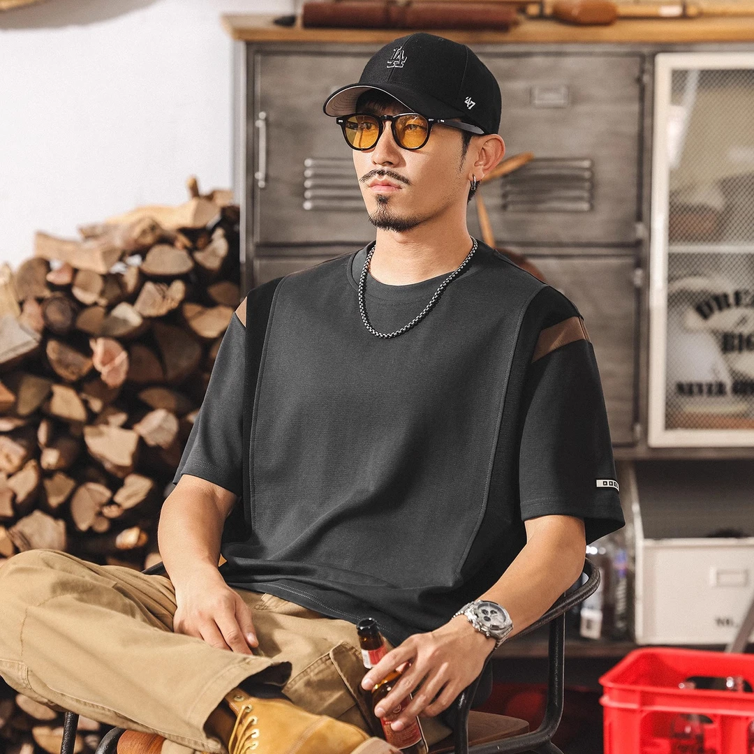 美式复古灰色短袖T恤男宽松夏季2025新款潮牌拼接体恤休闲上男