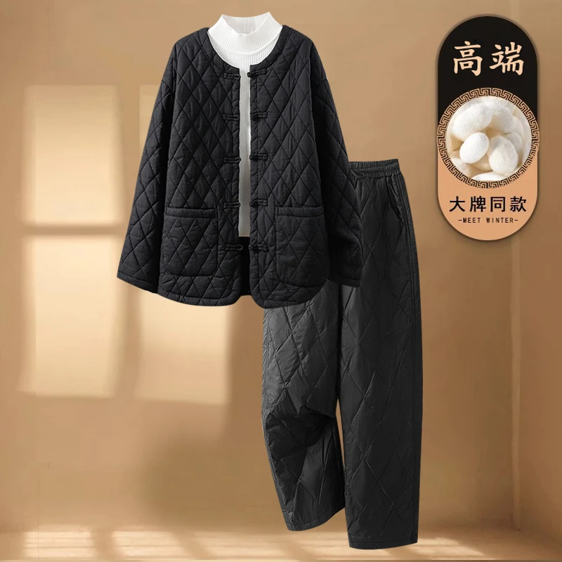 复古国风盘扣菱格棉服外套女士冬季装韩版加厚保暖棉衣棉裤两件套