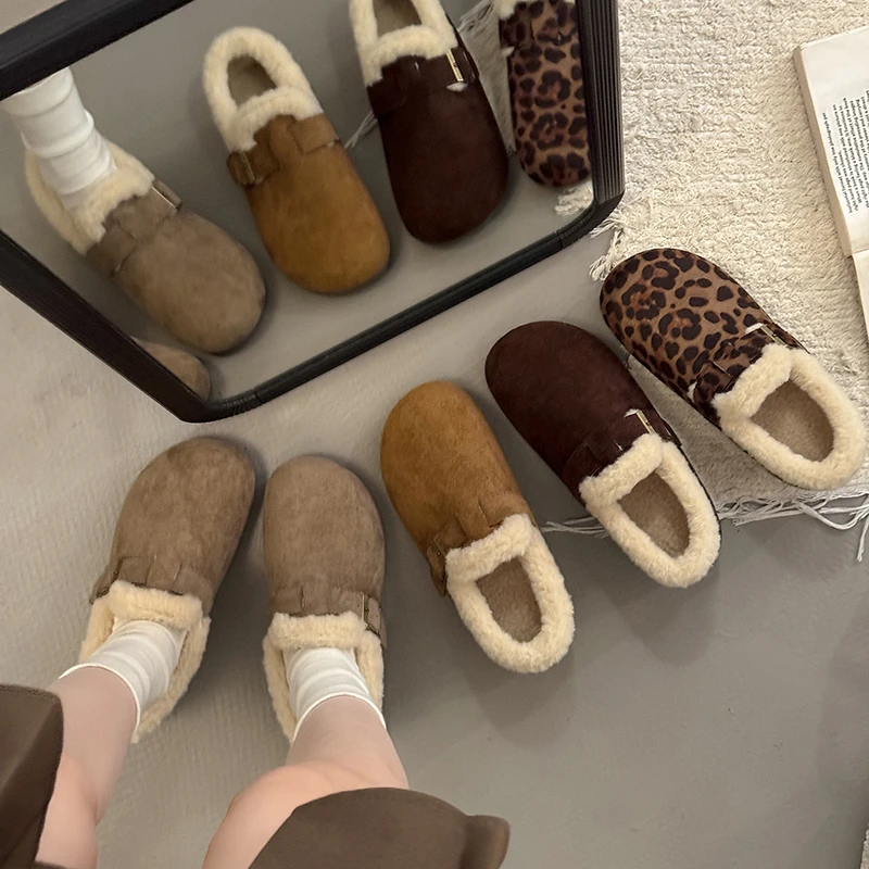 2025冬季新款厚底勃肯鞋女加绒保暖一脚蹬外穿毛绒棉鞋冬季复古女