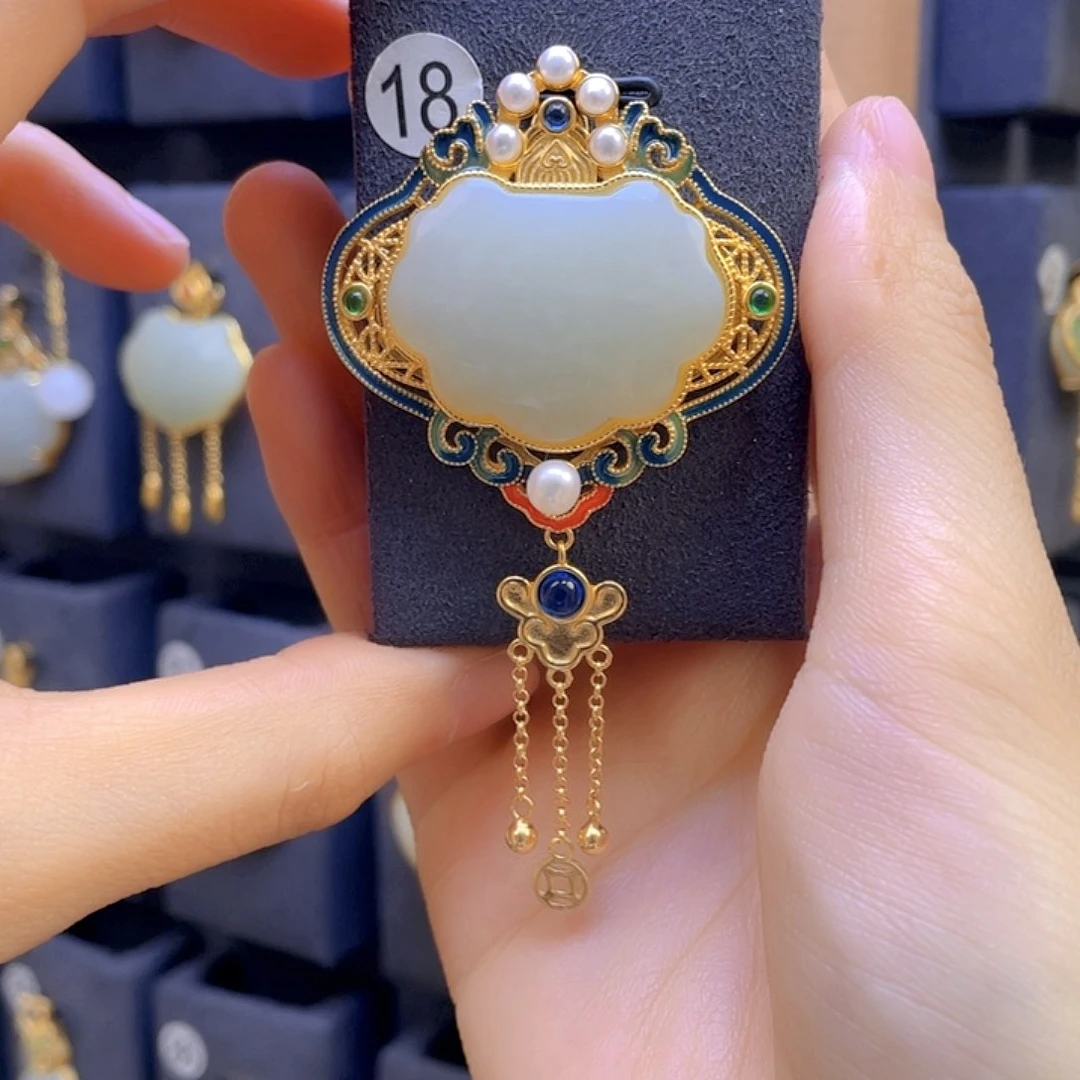 和田玉颈饰银S925镀金镶嵌