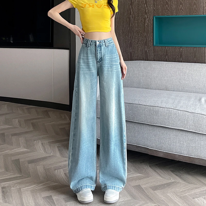 爆款新款浅蓝阔腿牛仔裤女高腰显瘦垂感宽松直筒拖地长裤子拼接