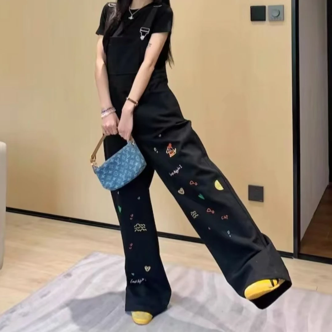 [现货]【奶酪陷阱】重工童趣刺绣背带裤宽松休闲显瘦阔腿裤