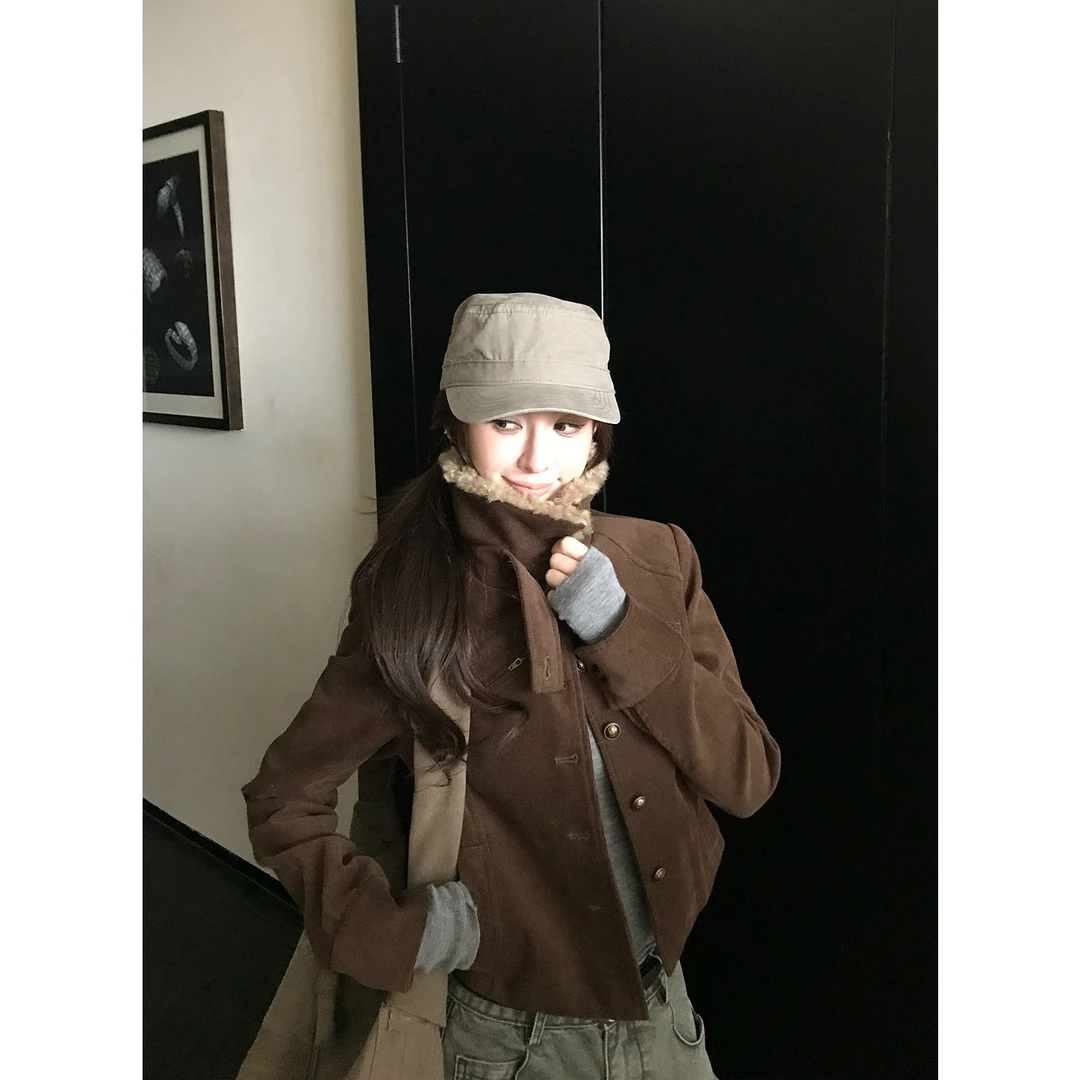 SKK"涩谷辣妹"柳智敏韩系轻盈感复古灯芯绒羊羔绒领夹克外套