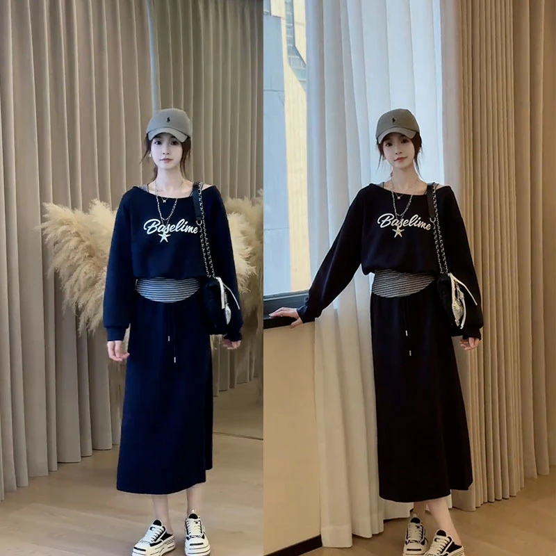 2025春秋新款时尚套装女假两件漏肩长袖卫衣女半身裙显瘦两件套装