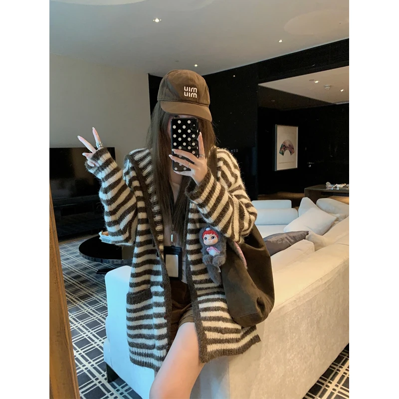 慵懒风撞色条纹连帽针织开衫女秋冬韩系复古软糯宽松毛衣外套上衣