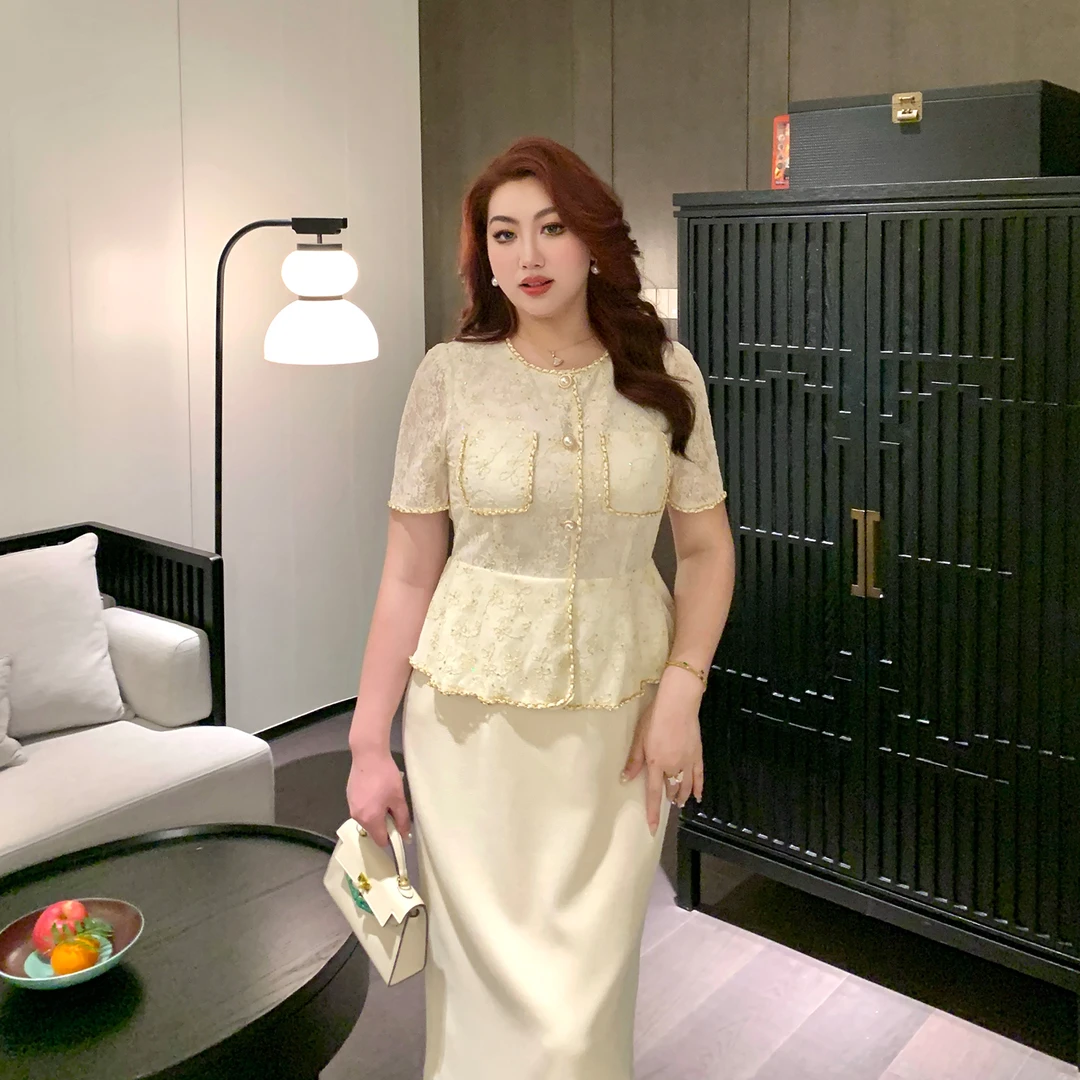 GLEC大码女装2025年夏季新款法式小香风复古提花水钻假两件连衣裙