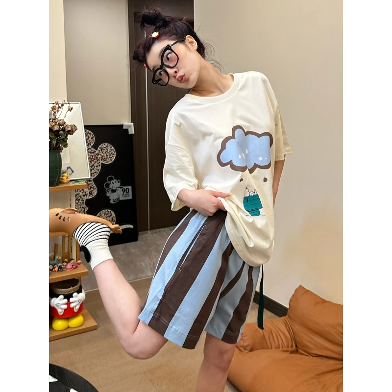 可爱卡通印花短袖睡衣女夏季2025年新款大码家居服短裤休闲套装
