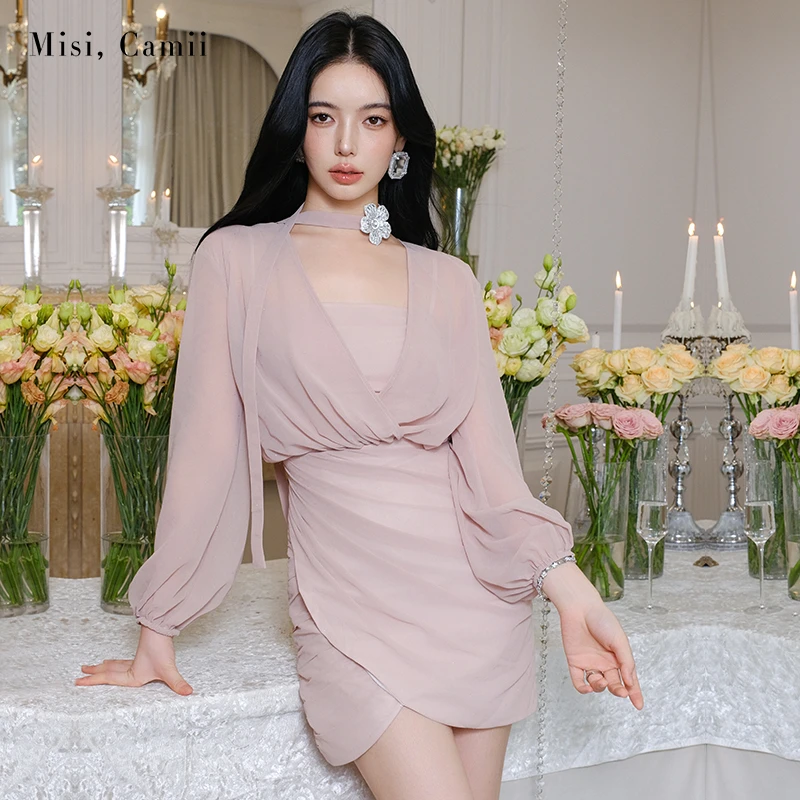 Misi,Camii2025早秋新款轻奢烫钻拉褶V领连衣裙原创小众设计女装