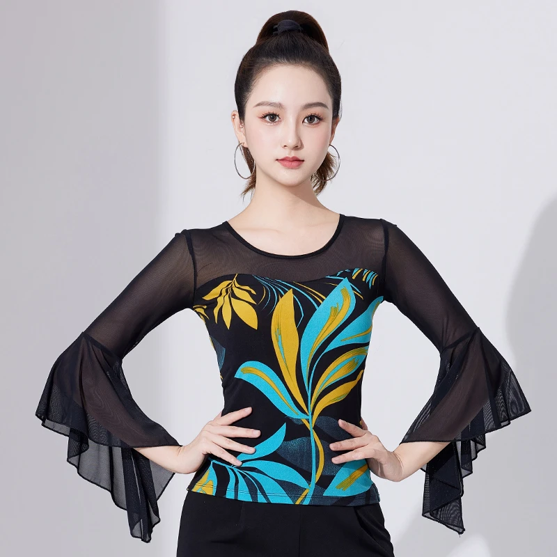 拉丁舞上衣女女士摩登舞交际舞华尔兹国标舞荷叶中袖连体衣练功服