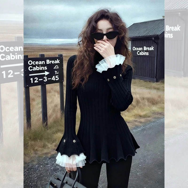 独特漂亮内搭喇叭袖小衫黑色毛衣女装秋冬针织衫洋气高贵花边上衣