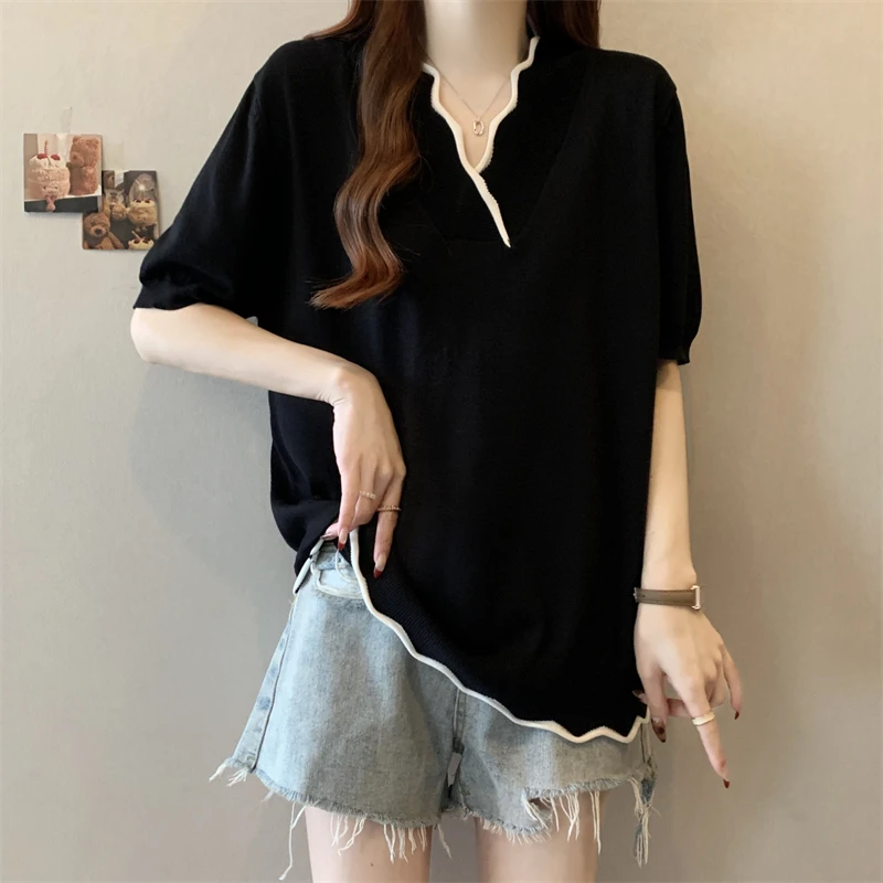 大码女装遮肚子撞色慵懒风短袖打底衫夏季胖妹妹显瘦百搭针织上衣