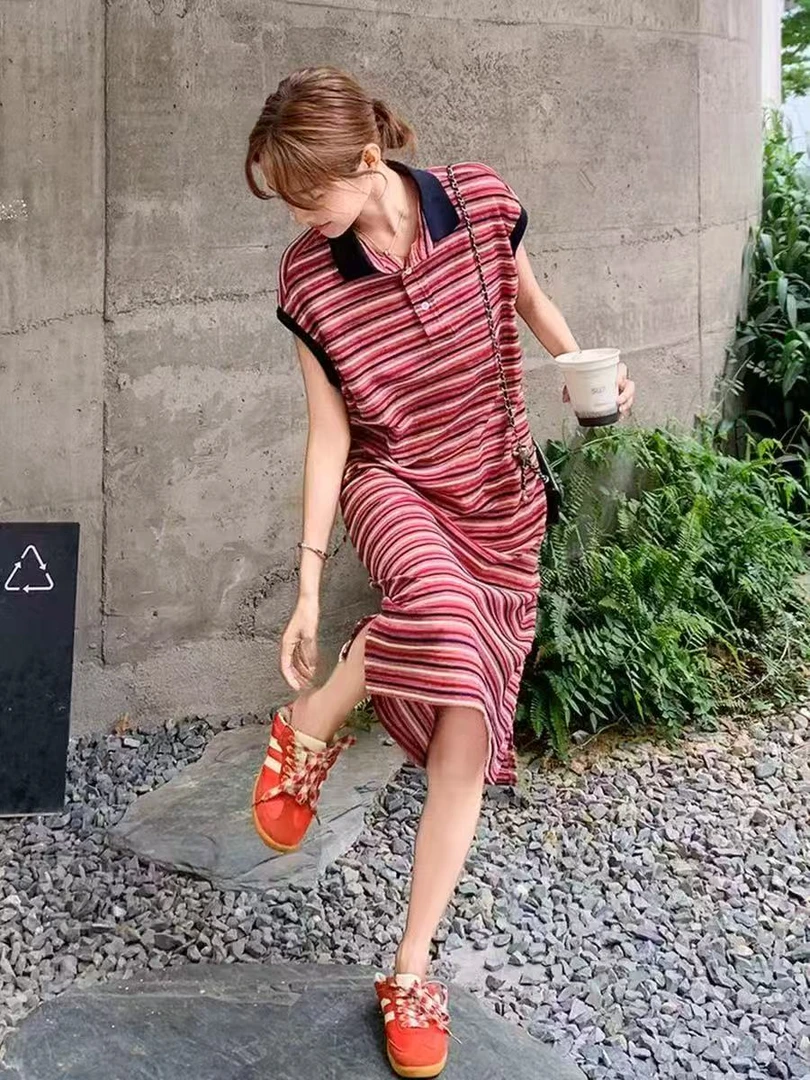 2025新款文艺复古条纹短袖翻领连衣裙慵懒风宽松休闲显瘦裙2400
