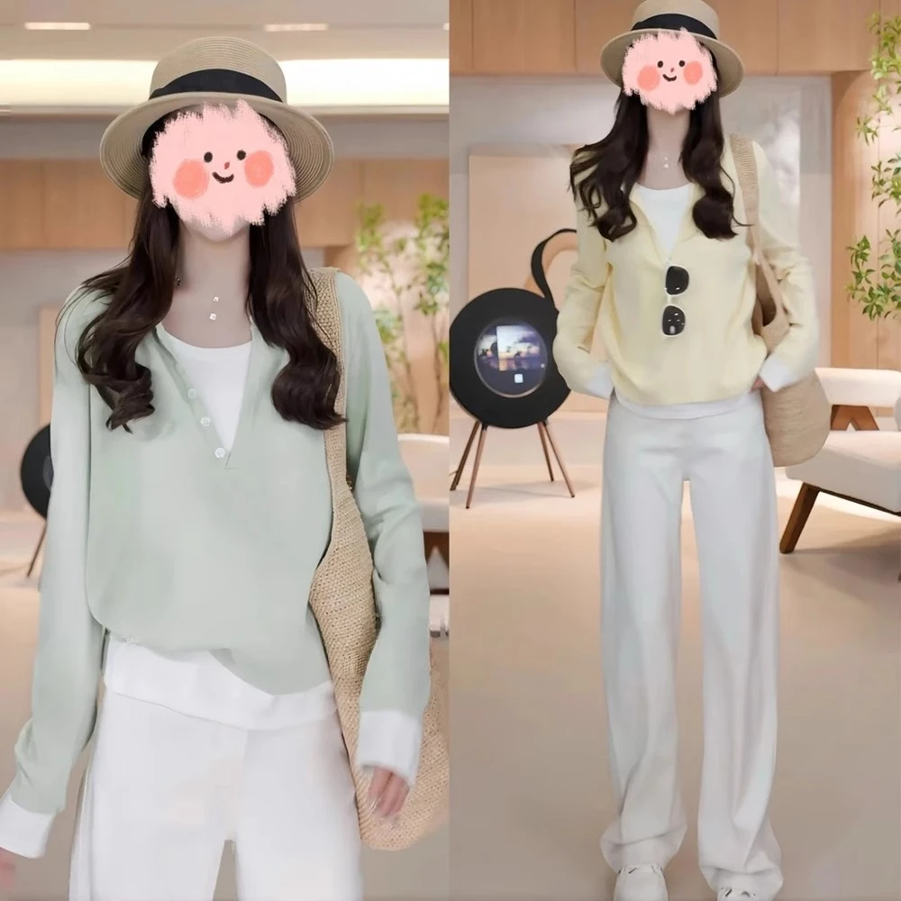 撞色拼接假两件针织衫长袖t恤女2025开春穿搭独特超好看单穿上衣m