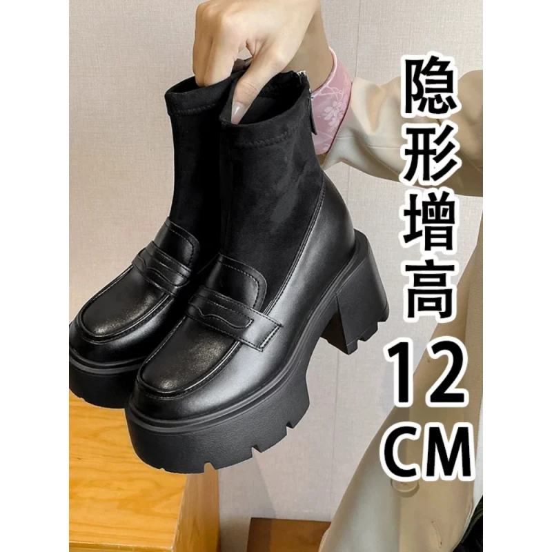 真皮超高跟厚底英伦马丁女短靴小个子内增高乐福半包头拖鞋女靴子