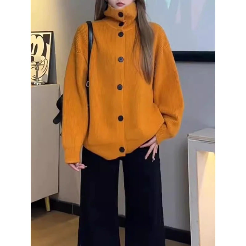 大码女超好看高领毛衣外套秋冬新款胖mm洋气宽松遮肉针织开衫上衣