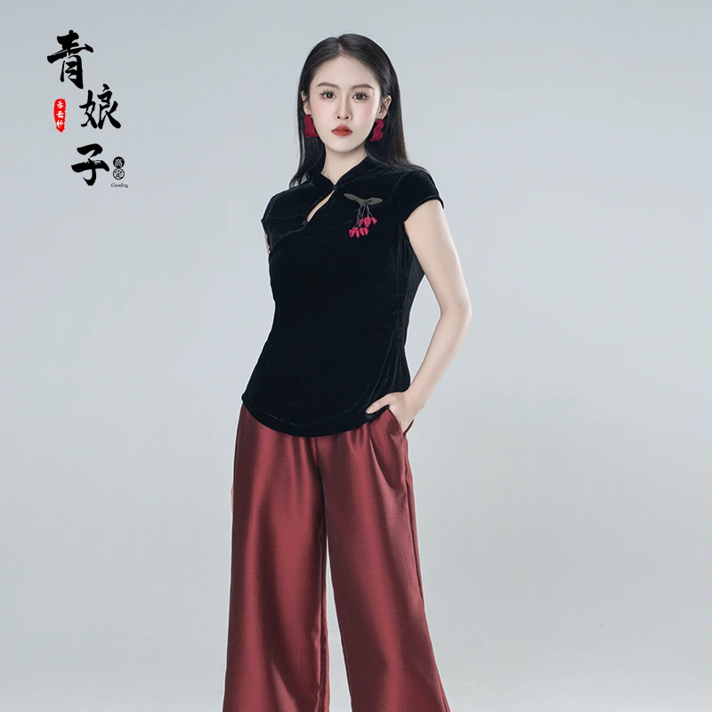 青娘子100真丝(宿美)丝绒纯欲慵懒风斜襟水滴领甜美百搭上衣61323