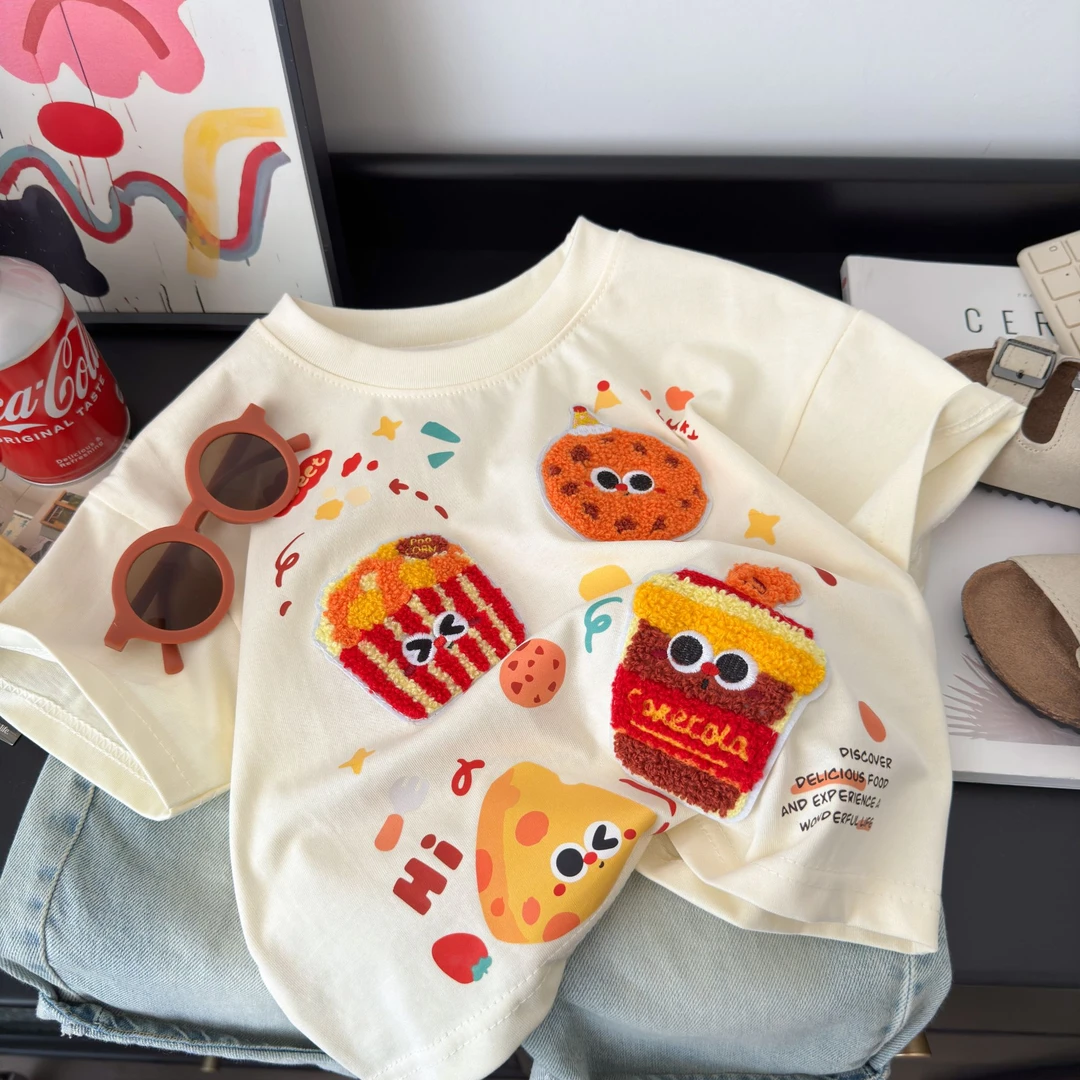 【饼干奶酪】儿童短袖纯棉玩偶打底衫 男女童夏季宽松韩版T恤