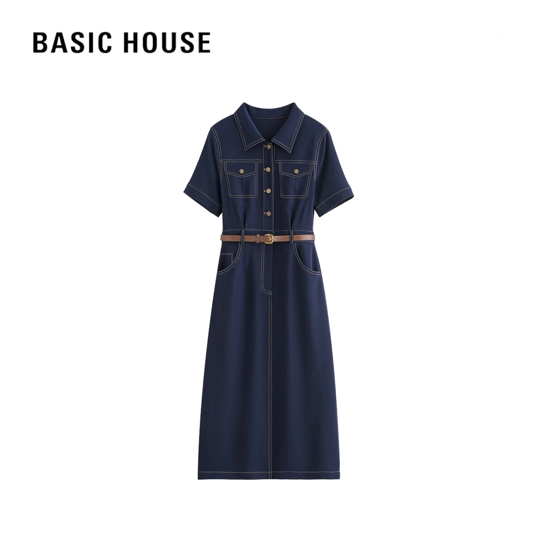 Basic House/百家好B夏季新款气质复古印花轻奢显瘦蓝短袖连衣裙