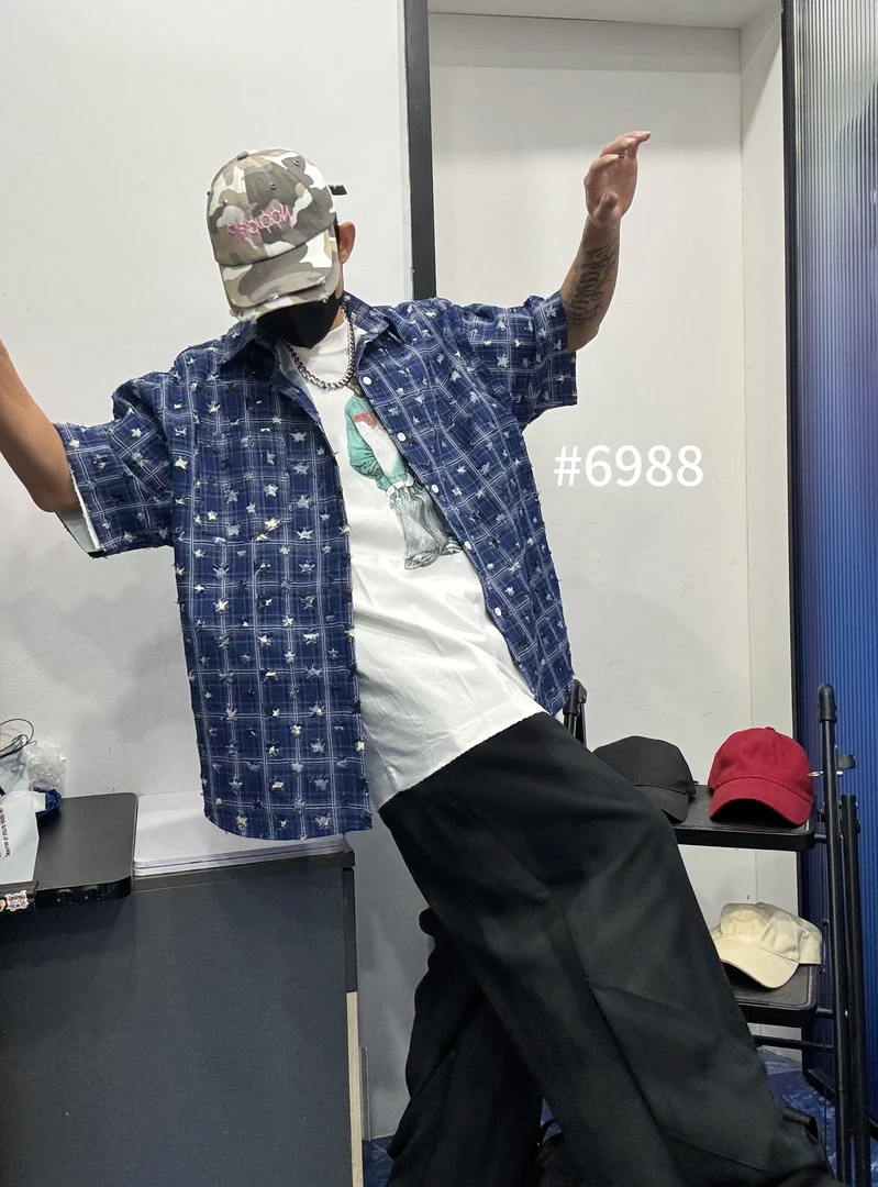 基础大众夏季牛仔衬衣衬衫翻领短袖落肩袖时尚潮流男士宽松方领