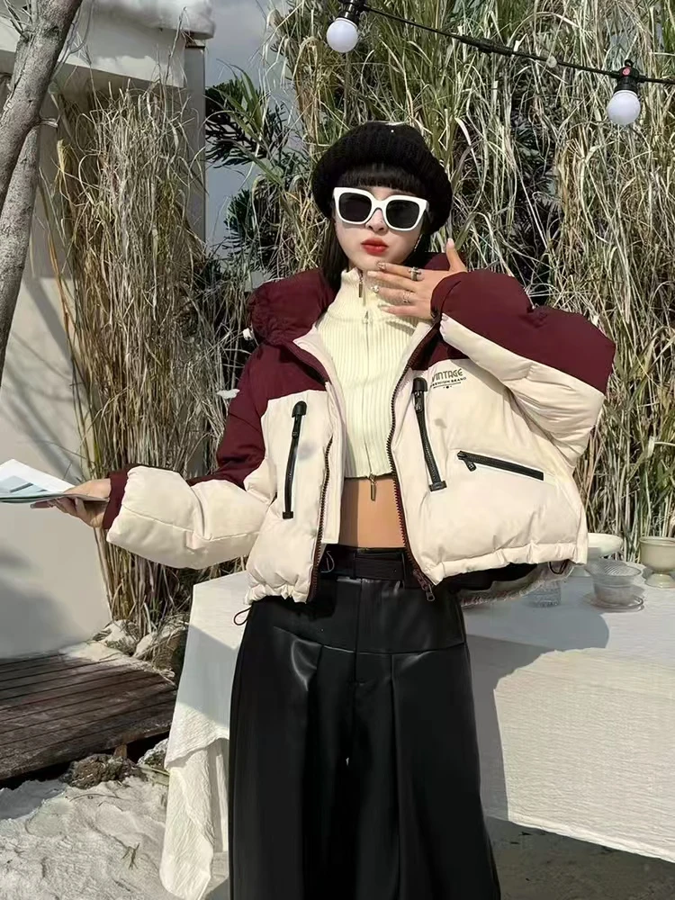 韩熙蓓2025反季鸭绒拼接短款韩版型时尚女装宽松加厚连帽羽绒服