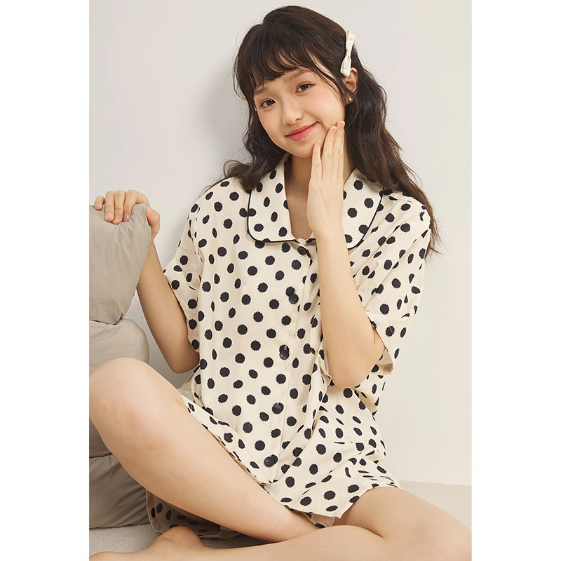 春夏季睡衣女新款纯棉波点睡衣舒适透气短袖短裤家居服