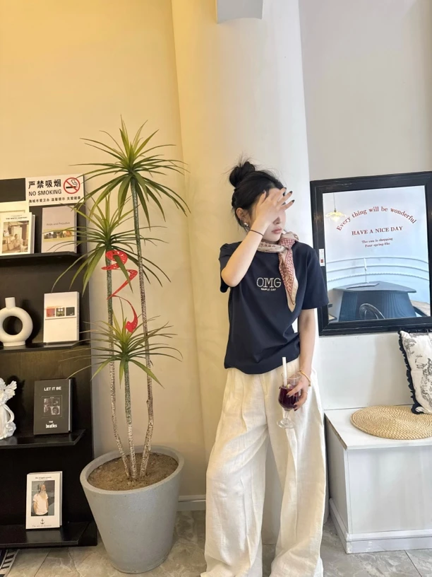 LILI【烟灰蓝】丝巾飘带短袖正肩圆领 气质韩味儿款～