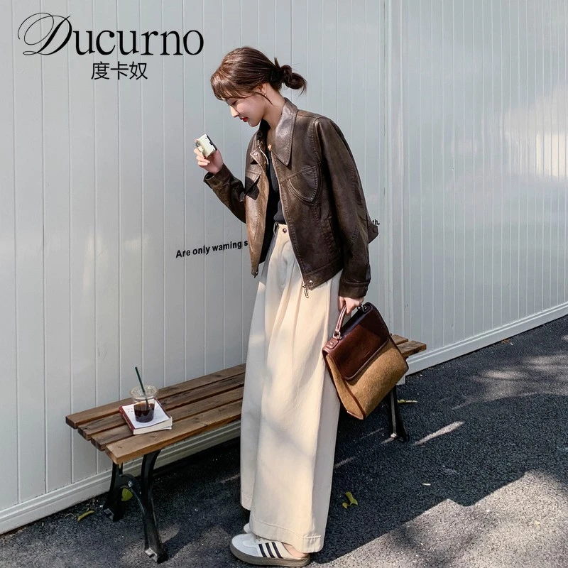 咖色短款皮衣外套女秋季2025新款港风复古高级感显瘦皮夹克上衣