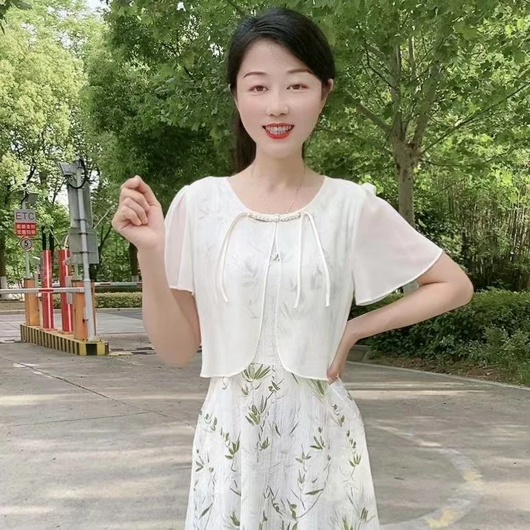 时尚气质减龄新中式碎花拼接假两件夏季修身显瘦连衣裙