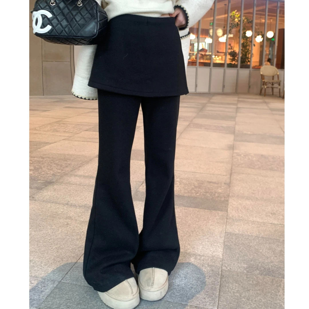 2025春秋新款拼接设计围裙高腰假两件微喇裤修身显瘦休闲裤长裤女