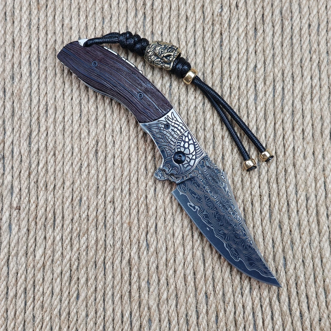 简师傅铁血战士大马士革钢水果刀口袋刀手把肉刀家用锋利刀折叠刀