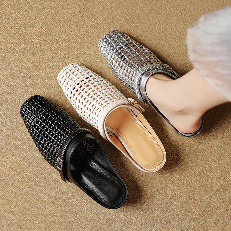 镂空法式女真皮半拖鞋透气洞洞鞋编织外穿包头拖鞋2025年夏季新款