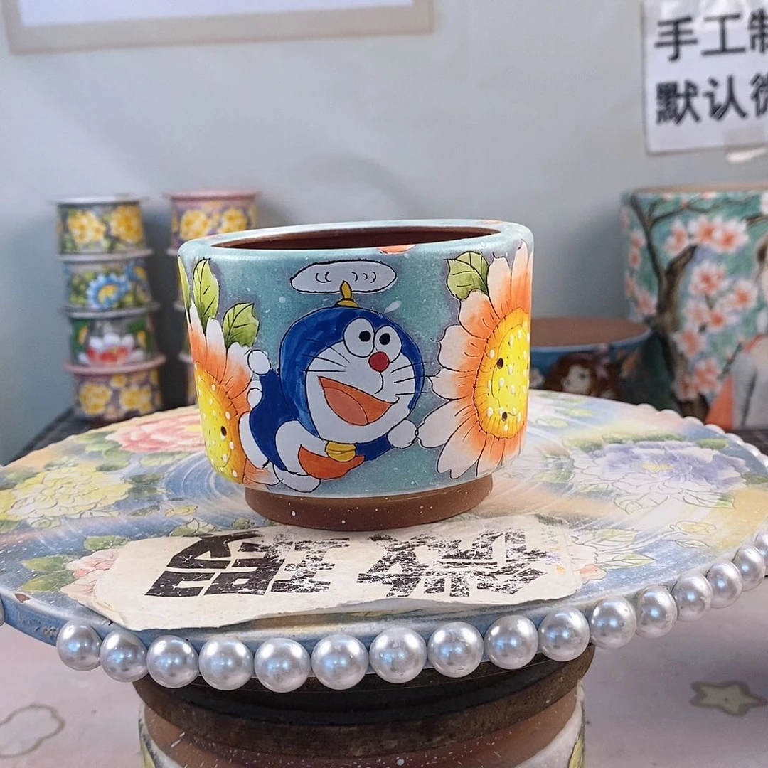 紫砂花盆红陶手绘花盆