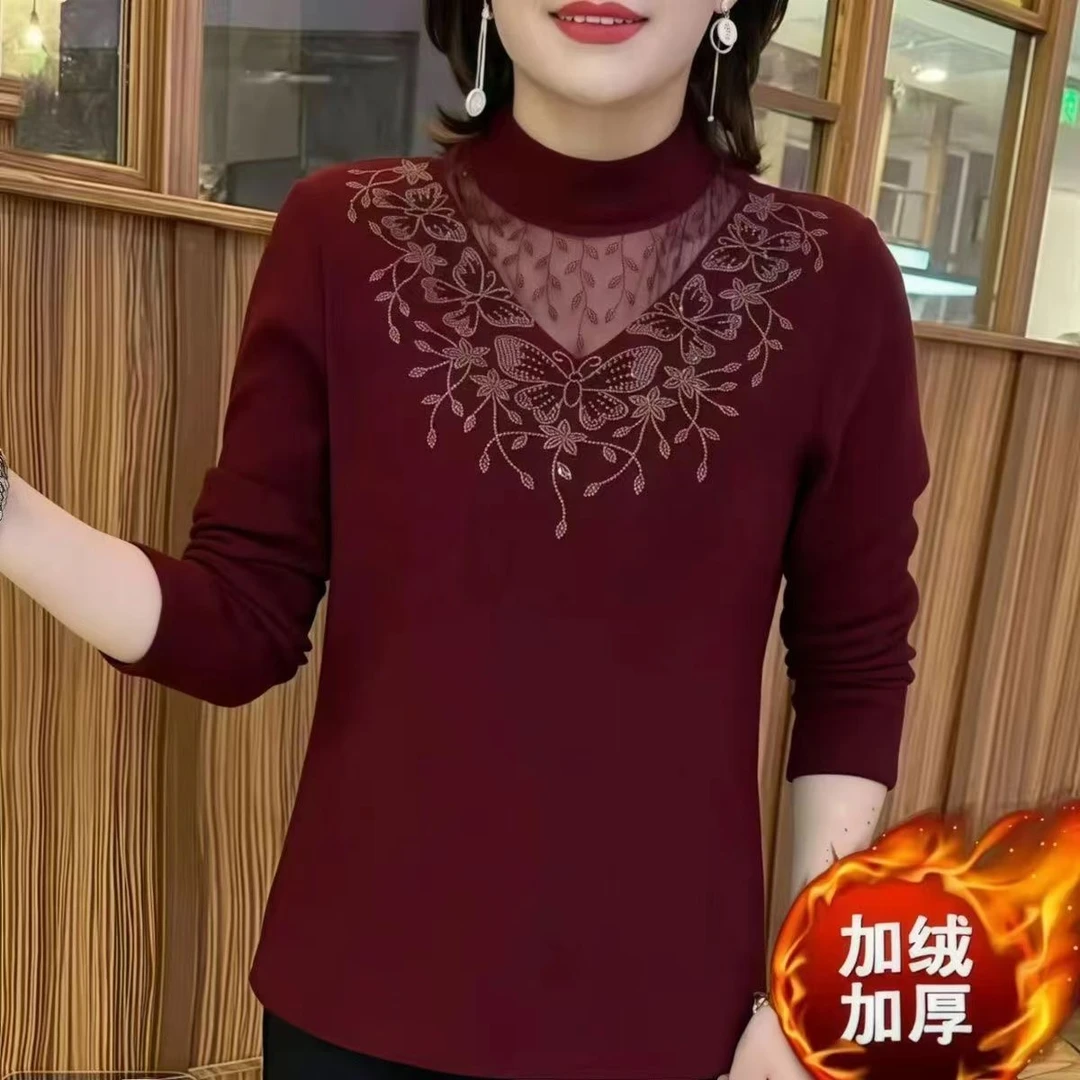 新款秋冬德德绒半高领网纱绣花烫钻长袖中老年时时尚妈妈减龄遮肚