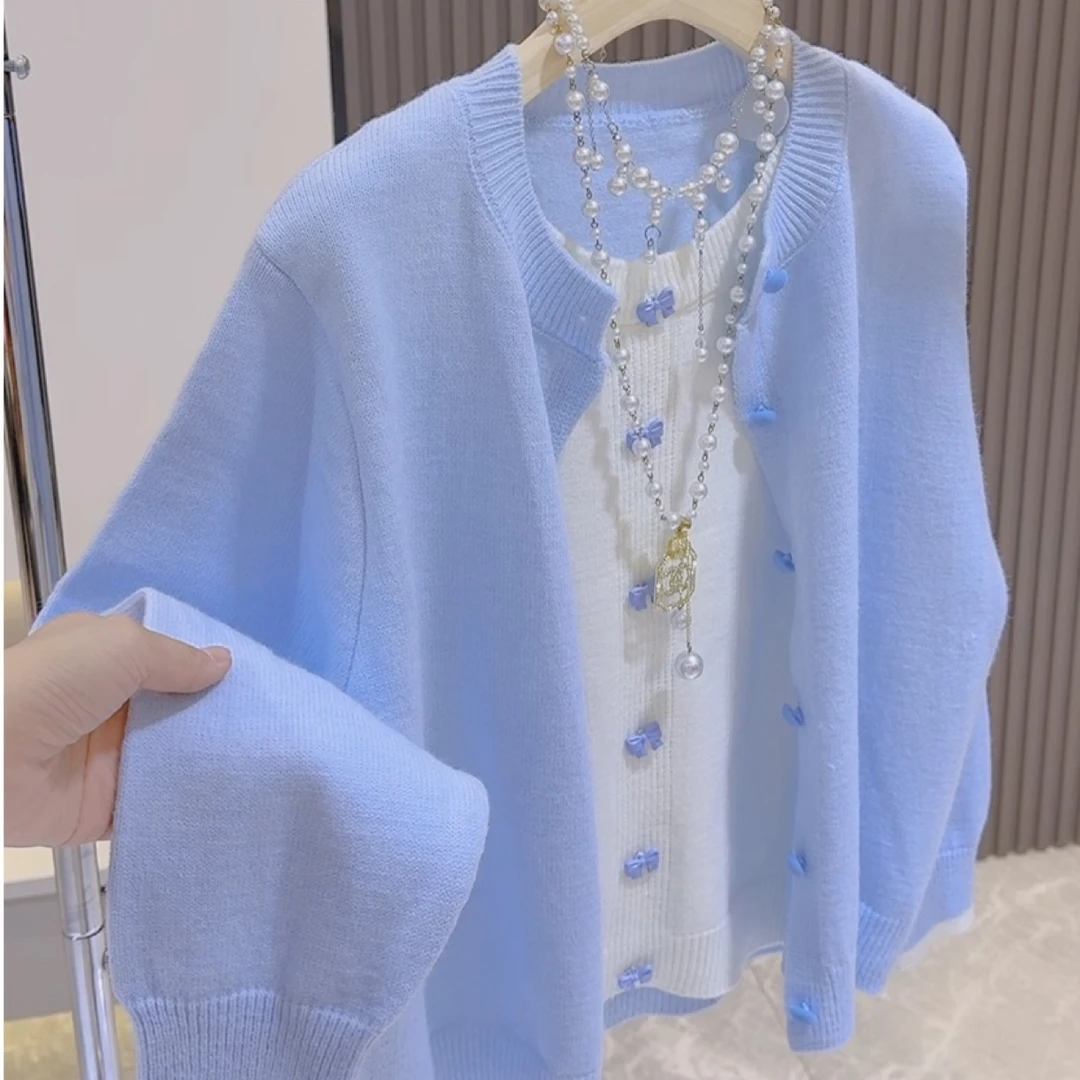 69时尚假两件蝴蝶结针织开衫减龄外套