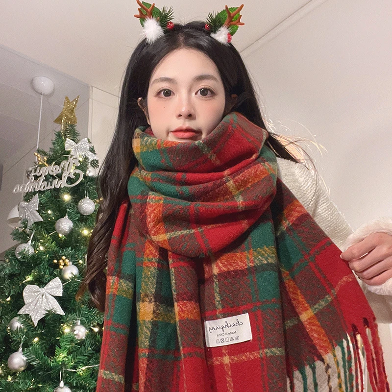 新年圣诞氛围感围巾女冬季复古红绿格子情侣韩版百搭保暖加厚围脖