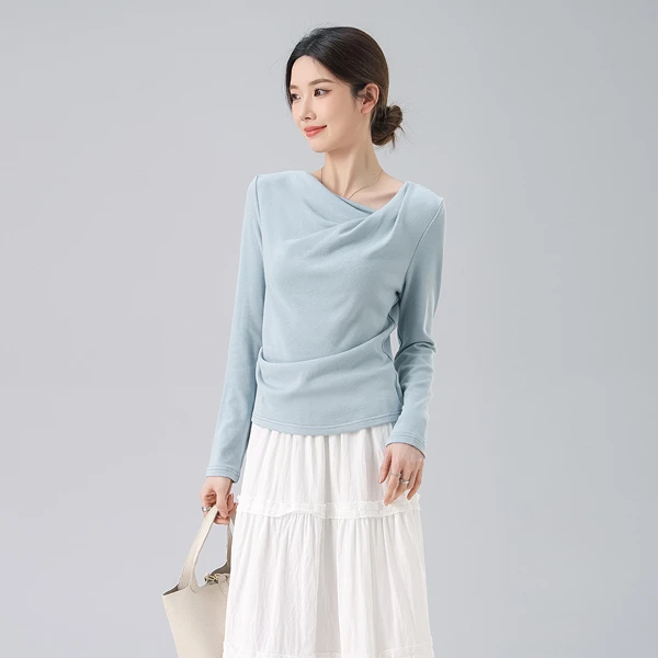 燕苹春季时尚设计感薄款修身百搭针织荡领纯色抗皱打底T恤ZM2526