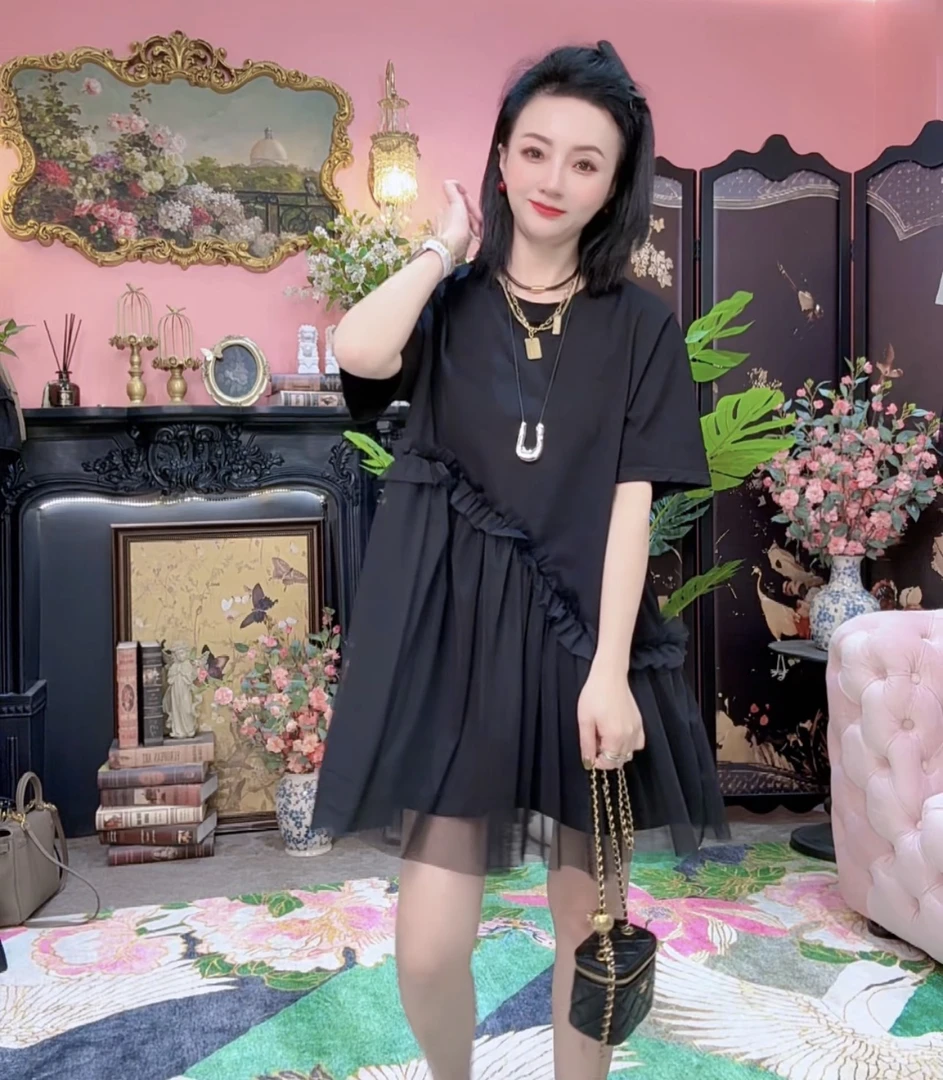 筱筱-欧货木耳拼接T恤裙短袖连衣裙女夏新款圆领短裙设计感裙A293