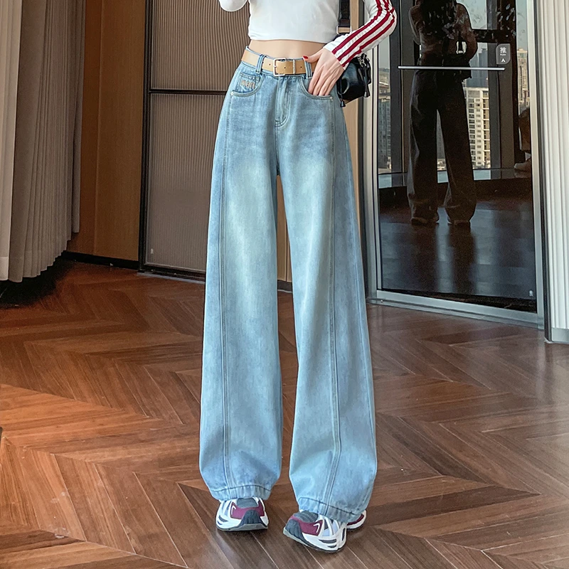 浅色高腰宽松直筒阔腿牛仔裤女夏薄款显瘦时尚潮流辣妹弯刀裤女款